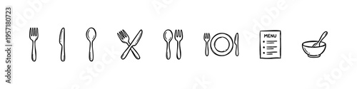 Minimal utensil icons: spoon, fork, knife, and crossed cutlery. Perfect for food, cooking, and restaurant visuals.
