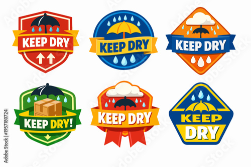 Set of keep dry labels with umbrella and rain protecting package contents during shipping and delivery