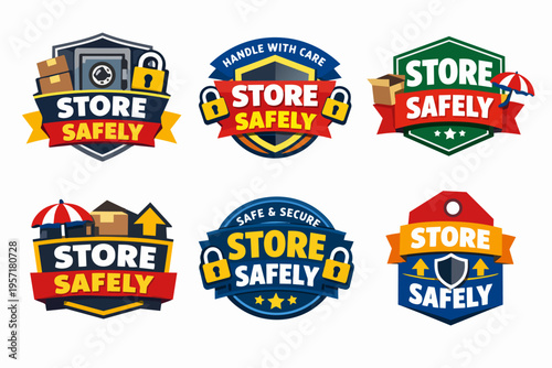 Store safely badge designs presenting secure storage, packaging, and logistics concepts with locks, shields, boxes, and umbrella symbols