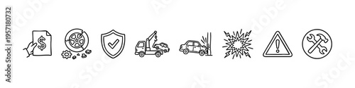 Minimal insurance icons: coverage, car parts, shield, crashes, explosion, warning, and repair tools. Perfect for safety and automotive visuals.