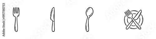 Minimal utensil icons: spoon, fork, knife, and crossed cutlery. Perfect for food, cooking, and restaurant visuals.