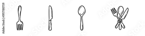 Minimal utensil icons: spoon, fork, knife, and crossed cutlery. Perfect for food, cooking, and restaurant visuals.
