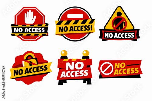 No access warning signs collection communicating restriction, prohibition, security, and danger for various uses