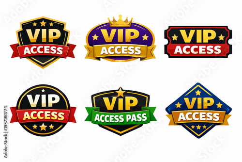 Collection of vip access badges, premium labels, and exclusive golden emblems for special event and membership privileges