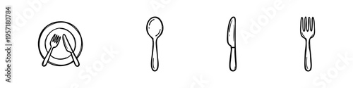 Minimal utensil icons: spoon, fork, knife, and crossed cutlery. Perfect for food, cooking, and restaurant visuals.
