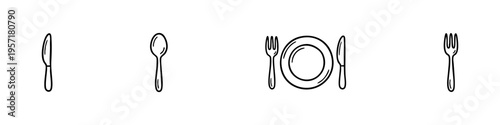 Minimal utensil icons: spoon, fork, knife, and crossed cutlery. Perfect for food, cooking, and restaurant visuals.