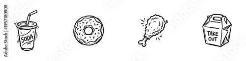 Minimal fast food icons: soda, donuts, fried chicken, and takeout box. Perfect for food, snack, and restaurant visuals.