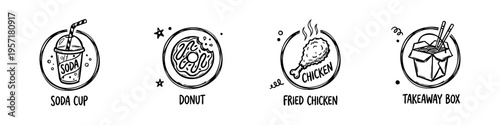 Minimal fast food icons: soda, donuts, fried chicken, and takeout box. Perfect for food, snack, and restaurant visuals.