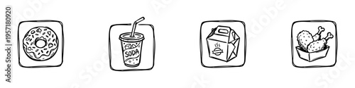 Minimal fast food icons: soda, donuts, fried chicken, and takeout box. Perfect for food, snack, and restaurant visuals.