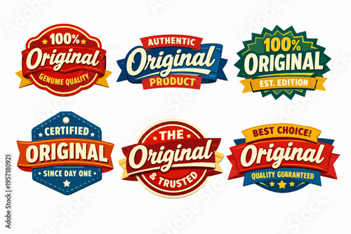 Originality badges and labels set, presenting authentic product guarantee seals for quality branding