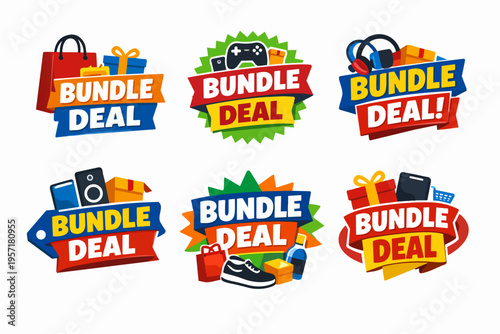 Bundle deal retail labels collection displaying shopping discounts and promotional offers for various products