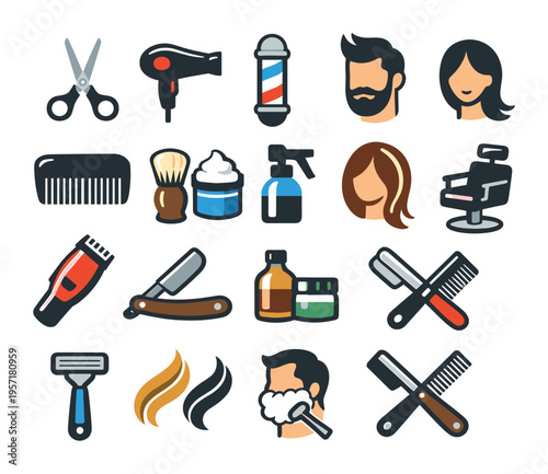 Icons of barber shop services and products, depicting grooming tools, hairdresser equipment, and various men's and women's hairstyles
