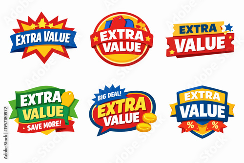Collection of extra value promotion labels, badges, and stickers offering savings and discounts for retail marketing campaigns