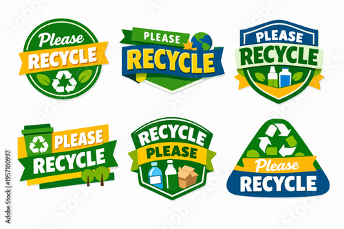 Collection of please recycle labels and badges. Promoting environmental protection, waste reduction, and green living