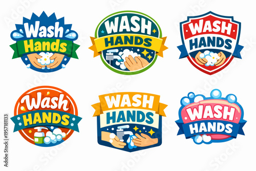 Wash hands emblems set promoting personal hygiene, public health, and virus prevention in a colorful cartoon style