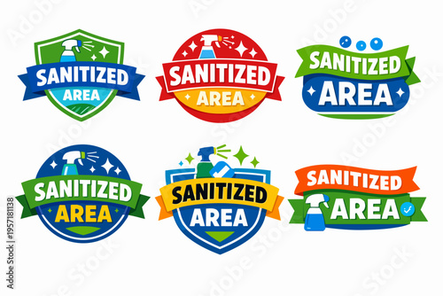 Sanitized area labels set providing hygiene, cleaning, disinfection, and safety messaging for public spaces
