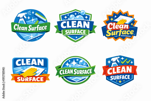 Clean surface logos with cleaning tools, bubbles, and sparkling effects for household hygiene and sanitation services