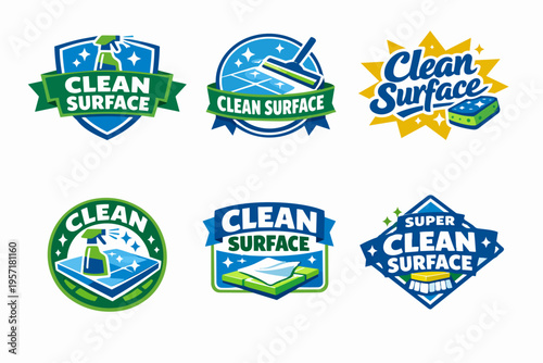 Collection of cleaning service brand logos with sparkle, spray bottle, squeegee, sponge, rag, and brush icons