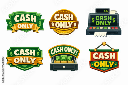 Collection of cash only signs and payment restriction icons with dollar symbols, money, and retail elements