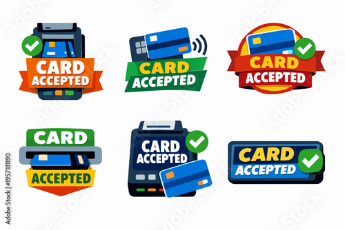 Credit and debit card accepted payment labels set, featuring pos terminals and contactless payment icons
