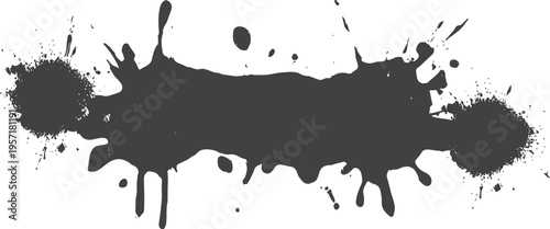 Large dark grey ink splatter with paint drips and rough textured edges on white background