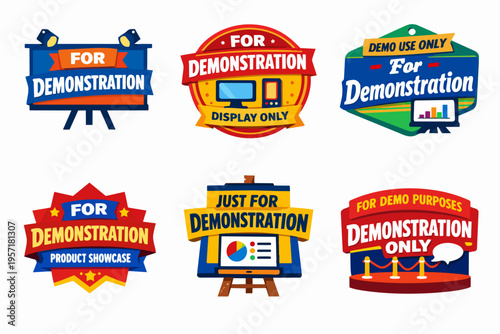 Demonstration badges set with sale and product showcase labels, display only banners for demo use