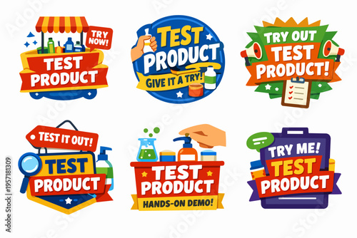 Collection of colorful test product badges promoting hands-on demos, free samples, and new product trials