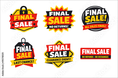Final sale tags collection promoting clearance event, discount, last chance, no returns, no refunds, all sales final offers