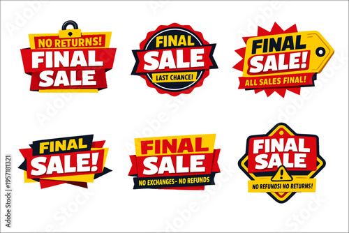 Final sale advertising banners and badges set, offering discount promotions and clearance pricing with limited returns