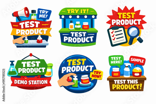 Product testing and sampling stickers set. Marketing demonstration labels offering trial samples to potential customers