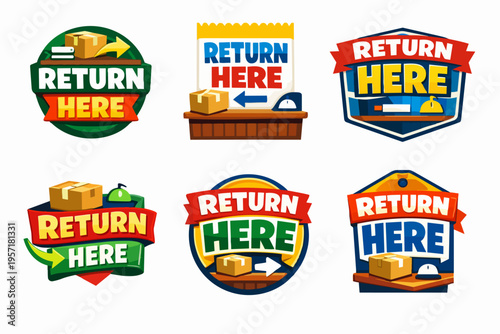 Return here badges and stickers set for package delivery, customer service, and logistic solutions