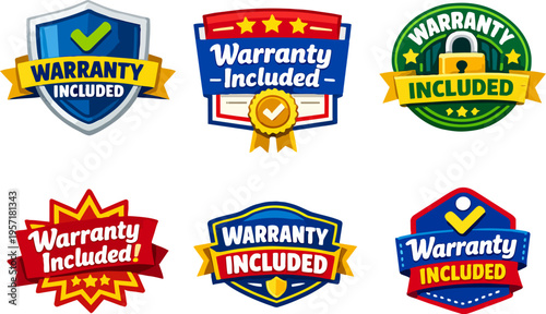 Warranty included badges and labels offering guarantee, protection, and trusted service for shopping and e-commerce