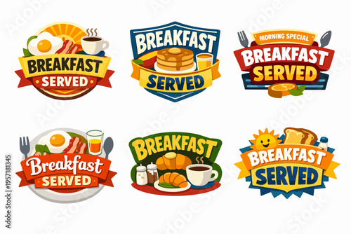 Collection of morning meal emblems featuring various breakfast food items like eggs, pancakes, toast, and hot beverages