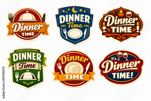 Dinner time label set featuring vintage style badges with cutlery, cloche, plate, wine glasses, candles, moon, and stars symbols