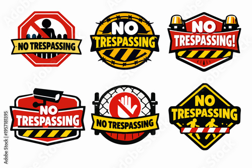 Set of no trespassing warning signs showing secure area, private property, and surveillance