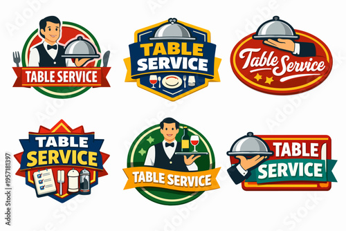 Table service emblems providing restaurant and catering branding, including waiters holding cloches and trays