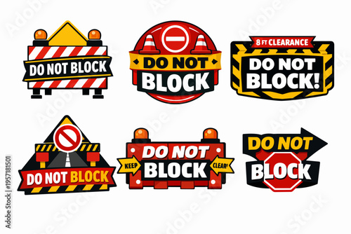 Vector illustration collection of do not block warning signs, traffic barriers, and road safety symbols for restricted access