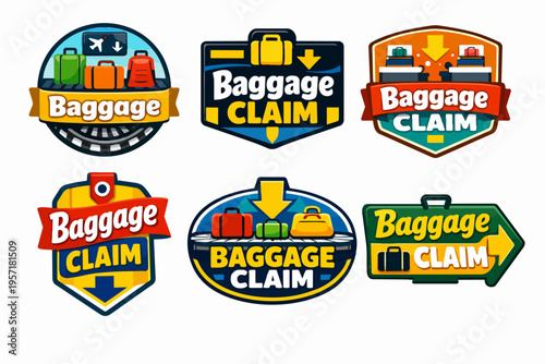 Baggage claim signs and labels collection, finding luggage on airport conveyor belt, travel destination arrival concept