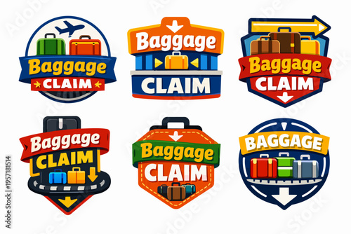 Baggage claim emblems set showing luggage, airport services, and travel logistics in colorful badge designs