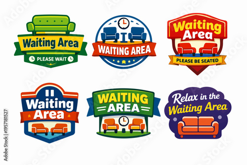 Waiting area signs and labels set, people waiting with comfortable seat furniture in public office or reception rooms