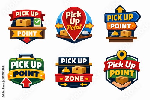 Collection of pick up point signs and icons, representing parcel delivery, logistics, and order fulfillment services