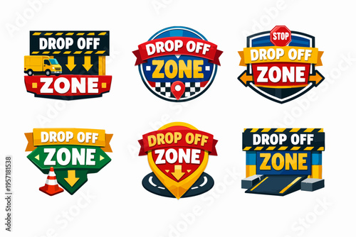 Drop off zone signs collection. Different vector badges for express parcel delivery, freight logistics, and secure transportation services