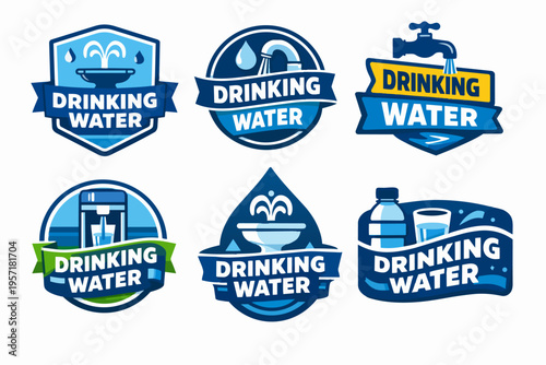 Drinking water badges and labels collection displaying taps, fountains, bottles, and dispenser for hydration concepts
