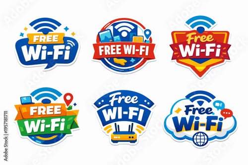 Free wi-fi stickers collection offering wireless internet access and network connectivity for public places