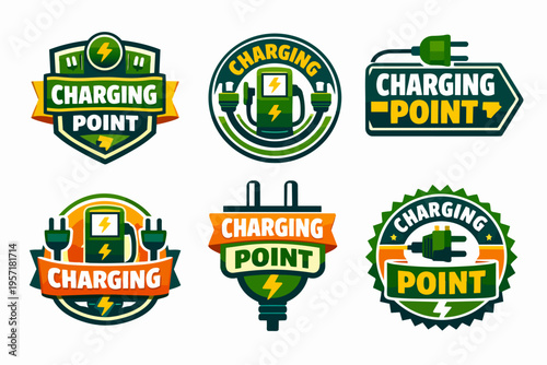 Set of electric vehicle charging point badges, signs, and labels for eco-friendly power stations