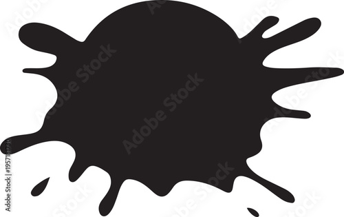 Solid black ink blot with irregular rounded edges and liquid splatter droplets on white background