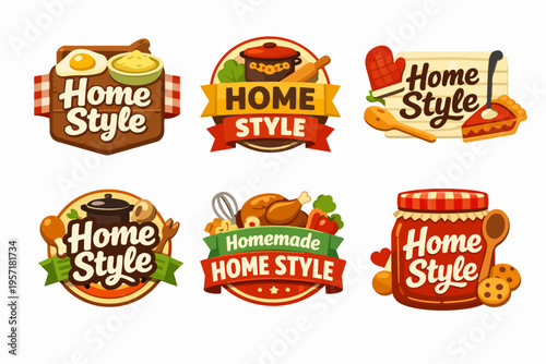 Home style cooking and homemade food badges collection. Vector labels representing traditional meals, bakery, and cuisine
