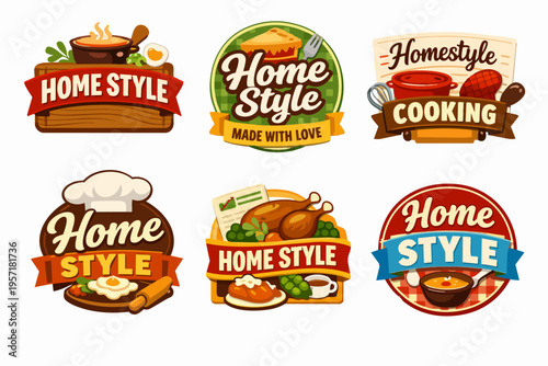 Home style cooking food labels and badges set, showing traditional dishes, meals, and culinary elements