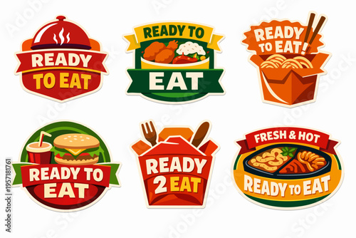 Ready to eat food labels set including burger, noodles, chicken meal for delivery and takeout business