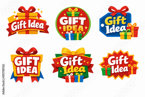Marketing gift idea labels creating festive holiday shopping promotions with present boxes and decorative ribbons